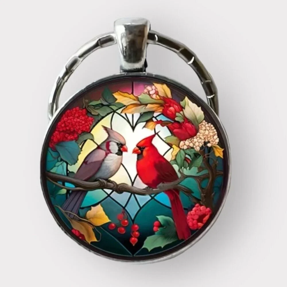 Cardinal Keychain Stained Glass Birds Motif Keyring Pendant Floral Multipurpose